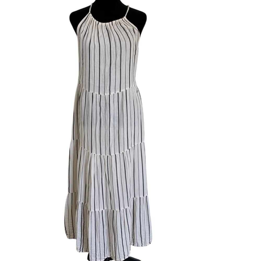 Old Navy Womens Tiered Midi Dress M Cream‎ Grey Spaghetti Strap Cottagecore